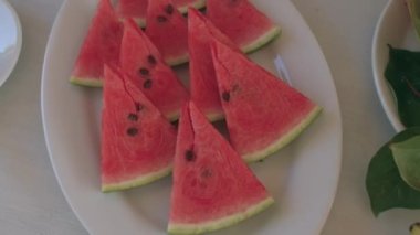 Served table with fresh fruits at breakfast in buffet. Top view. Healthy eating