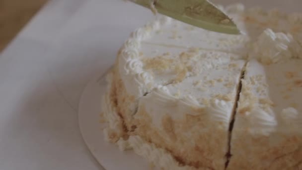 Close-up of a traditional Italian cake with cream cut into portions with knife. — Vídeo de Stock