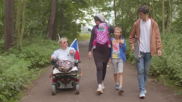 Escorte en fauteuil roulant dans la forêt du parc de la ville. Réunion familiale le week-end. — Video