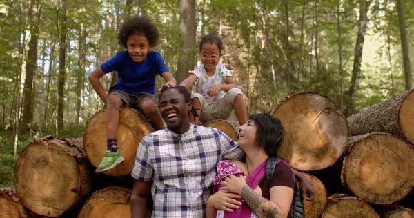 Portret van vrouw en Afro-Amerikaanse man met kinderen in het park. Grote familie te voet — Stockfoto