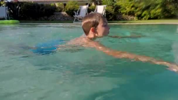 スイミングプールでリラックスしながら、水の中に18人の少年。子どもの体温. — ストック動画