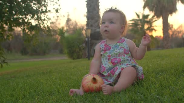 Kleines Kind spielt Granatapfel auf grünem Gras im Garten. — Stockvideo