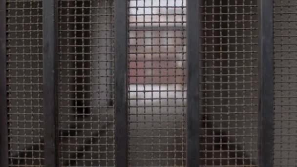 Vězeňská zeď s kovovými mřížemi. Ochrana soukromého vlastnictví, smutné prostředí nálady — Stock video