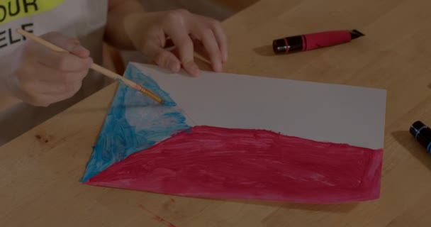 Zbliżenie rąk dzieci rysujących czeską flagę podczas lekcji polityki w szkole — Wideo stockowe