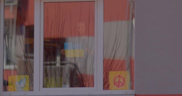 Дитина вивішує прапор України на склі, не виходить з дому.. — стокове відео