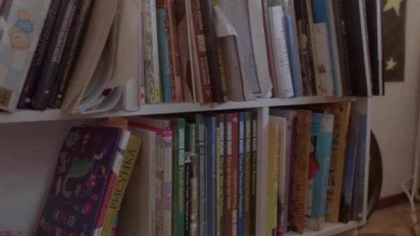 Книги об искусстве на русском языке в домашней библиотеке помогают литературе — стоковое видео