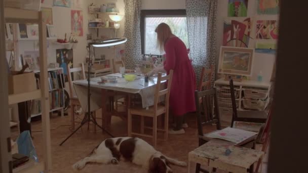 Femme avec un chien se prépare pour une leçon d'art dans son home studio. — Video