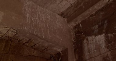 Su lekeleri ve küflü eski beton duvar. Çatının zemininin hijyenik koşulları. Kuş dışkılarından oluşan beyaz çizgiler. Koyu.