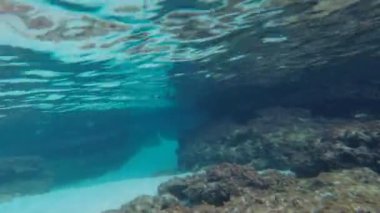 Bir dalgıcın eli, mavi suda yüzer. Alttaki taşlar, beyaz kum. Dizginlerin yüzeyi yansıyor. Boğulma tehlikesi.