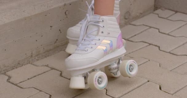 Roller Shoes Close Kids Feet Roller Skates Children Develop Balance — Stock Video