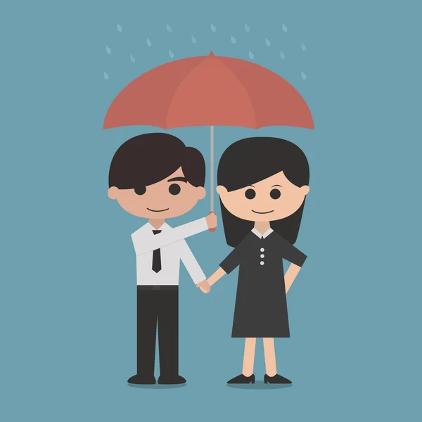 Homem e mulher sob um guarda-chuva vermelho — Vetor de Stock