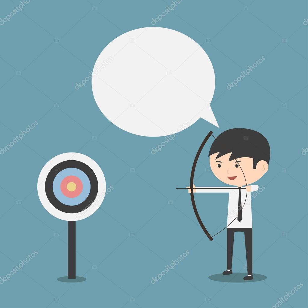 Businessman shooting target with a bow , speech bubble