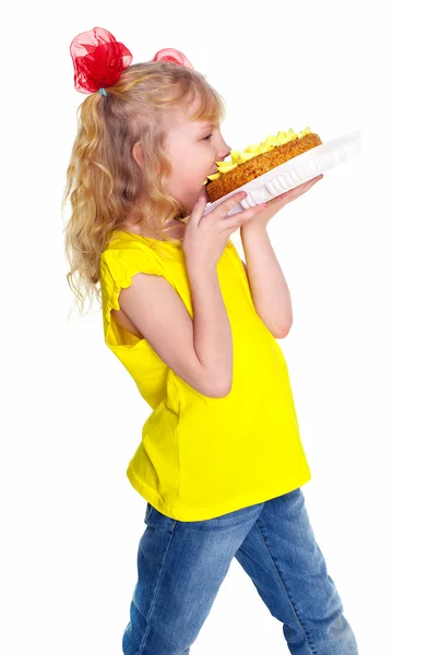 Rapariga com bolo. Isolado sobre fundo branco — Fotografia de Stock
