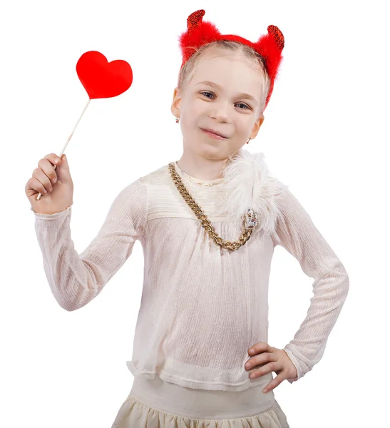 Chica con corazón rojo aislado sobre fondo blanco — Foto de Stock