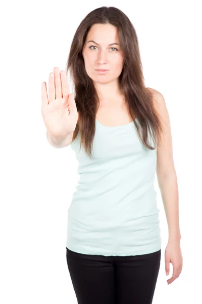Jolie femme brune tenant la main devant elle Images De Stock Libres De Droits