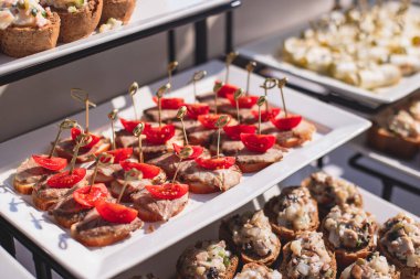 Yemek masası, çeşitli yiyeceklerle süslenmiş güzel bir ziyafet. Kurumsal doğum günü partisi etkinliği ya da düğün kutlaması için aperatifler. Deniz ürünleri, kanepe, şarküteri.