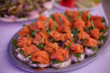 Yemek masası, çeşitli yiyeceklerle süslenmiş güzel bir ziyafet. Kurumsal doğum günü partisi etkinliği ya da düğün kutlaması için aperatifler. Deniz ürünleri, kanepe, şarküteri.