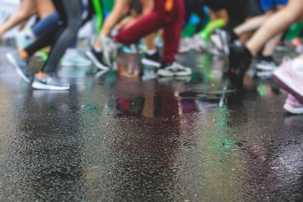 Marathon Runners Competition Rain Close View Footwear Running Shoes Half — Stock Photo, Image