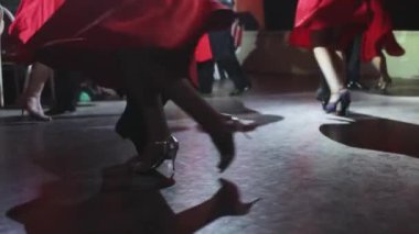 Genç çiftlerin dans ayakkabıları balo salonunda geleneksel Latin dansı milongası, tango salsa bachata kizomba dersi, dans festivali, ahşap zemin, ayakkabı manzarası.