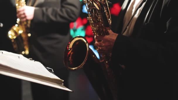 Concert View Saxophonist Saxophone Sax Player Vocalist Musical Jazz Orchestra — Stock Video