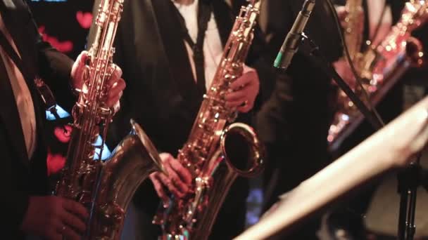 Sahnede Caz Orkestrası Çalarken Saksafoncu Saksafoncu Vokalist Müzikalistin Konser Görüntüsü — Stok video