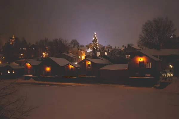 Zimowa Noc Bożego Narodzenia Widok Porvoo Borga Finlandia Uusimaa Śniegiem — Zdjęcie stockowe