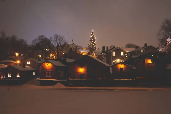 Winter Christmas Night View Porvoo Borga Finland Uusimaa Snow Falling — Stock Photo, Image