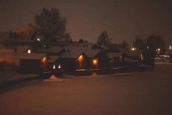 Зимняя Рождественская Ночь Вид Порвоо Борга Финляндия Уусимаа Снегопадом Уличным — стоковое фото