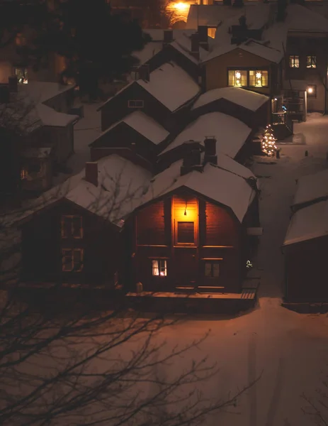 Kış Noel Gecesi Porvoo Borga Finlandiya Uusimaa Kar Yağışı Sokak — Stok fotoğraf