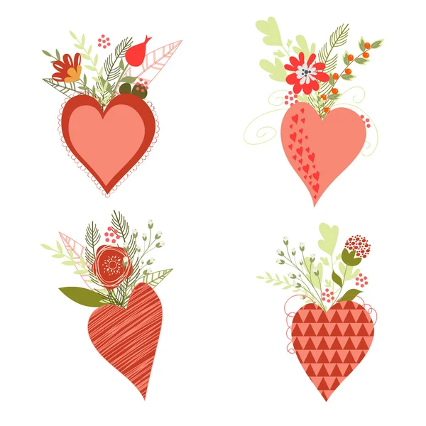 Set of vector flower bouquets and hearts — Stock Vector