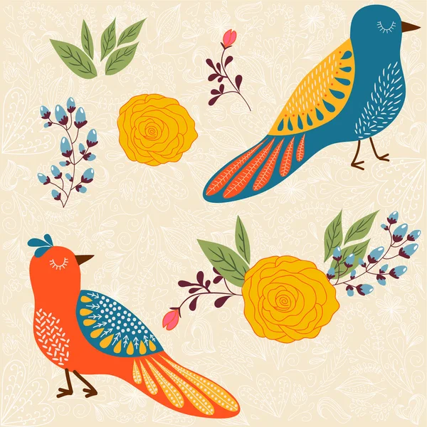 Ljusa seamless mönster med fåglar och blommor — Stock vektor