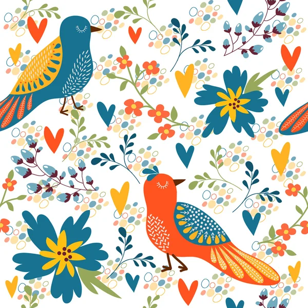 Heldere naadloze patroon met vogels en bloemen — Stockvector