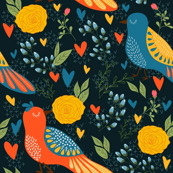 Bright seamless pattern with birds and flowers — Stock Vector