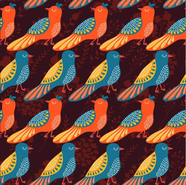 Modèle avec des oiseaux et des fleurs dans un style rétro — Image vectorielle