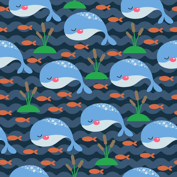 Marine seamless pattern with cartoon fish and algae. vector illustration — Stock Vector