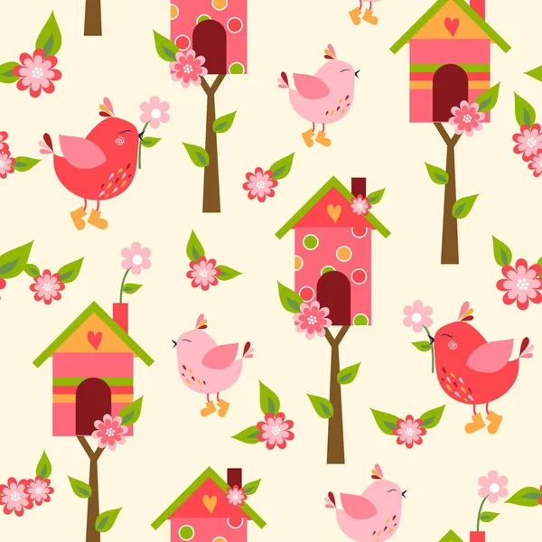 Seamless pattern with cute owls and colorful houses for birds. vector illustration — Stock Vector