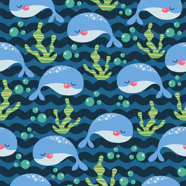 Marine seamless pattern with cartoon fish and algae. vector illustration — Stock Vector