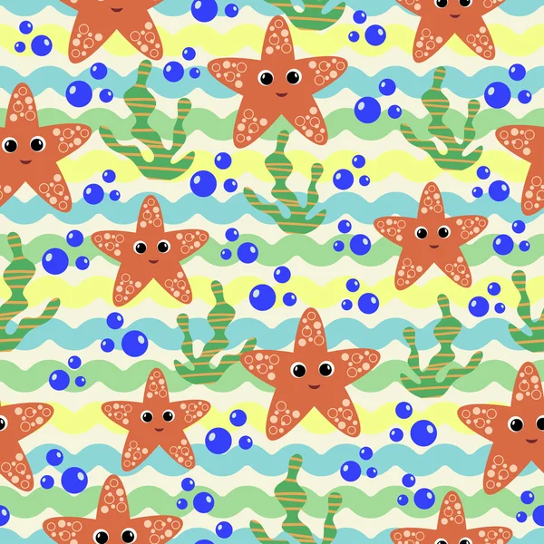 漫画の魚や藻類と海洋のシームレスなパターン。ベクトル イラスト — ストックベクタ