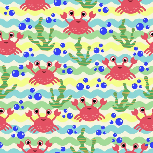 Patrón marino sin costura con peces de dibujos animados y algas. ilustración vectorial — Vector de stock
