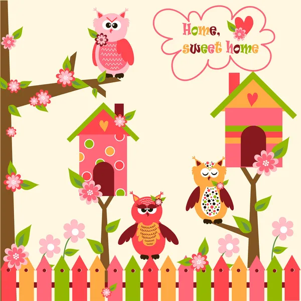 Seamless pattern with cute owls and colorful houses for birds. vector illustration — Stock Vector