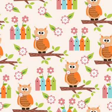 sevimli kuş ve kuşlar için renkli evleri ile Seamless modeli. vektör çizim