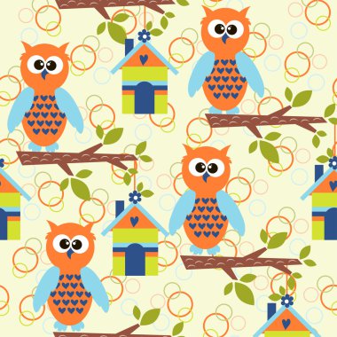 sevimli kuş ve kuşlar için renkli evleri ile Seamless modeli. vektör çizim