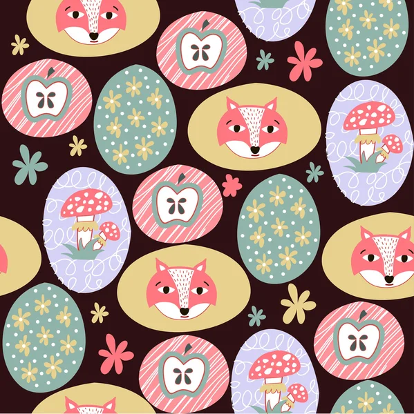 Mignon motif sans couture avec renard, pomme et fleurs. illustration vectorielle — Image vectorielle