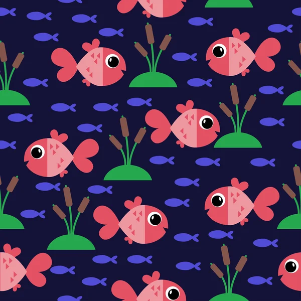 Marine seamless pattern with cartoon fish and algae. vector illustration — Stock Vector
