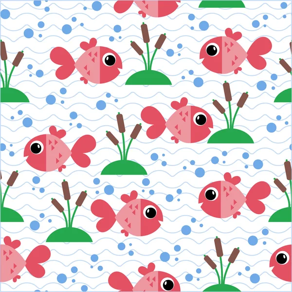 Marine seamless pattern with cartoon fish and algae. vector illustration — Stock Vector