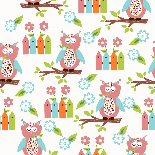 Seamless pattern with cute birds and colorful houses for birds. vector illustration — Stock Vector