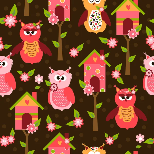 Seamless pattern with cute birds and colorful houses for birds. vector illustration — Stock Vector