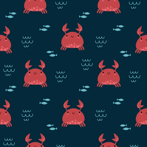 Cute Kawaii Summer Marine Animals Seamless Pattern Kids Cartoon Character — Vetor de Stock