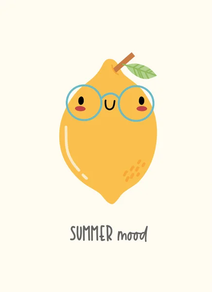 Cute Kawaii Summer Fruit Lemon Card Kids Cartoon Character Vector — Stock vektor