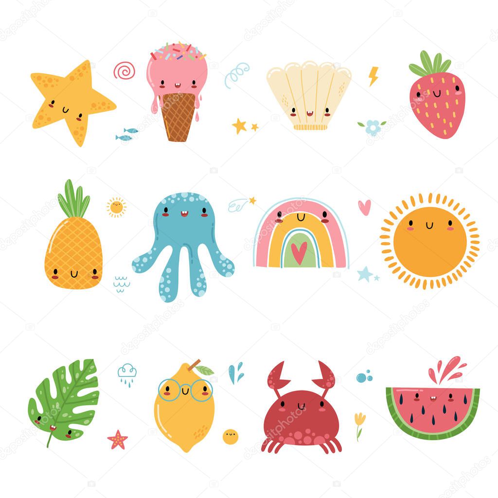 Happy cute kawaii summer fruit set. Cartoon characters - sun, watermelon, lemon, ace cream, rainbow, pineapple, crab, octopus, starfish, strawberry, shell, tropical leaf